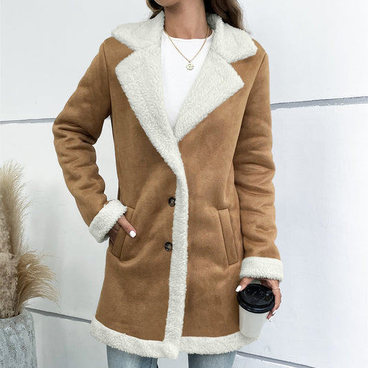 Long Sleeve Lapel Suede Elegant Woolen Coat