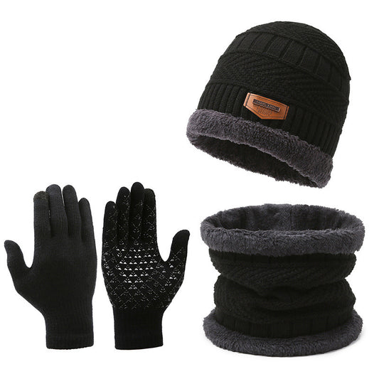 Men's Winter Scarf Gloves Three-piece Set Fleece-lined Warm Knitted Hat