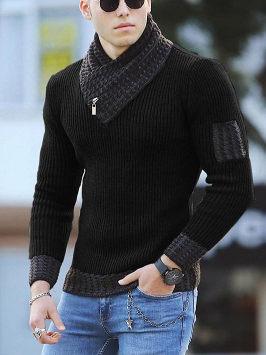 Casual Slim Knit Pullover Long Sleeve Scarf Collar Sweater Men's